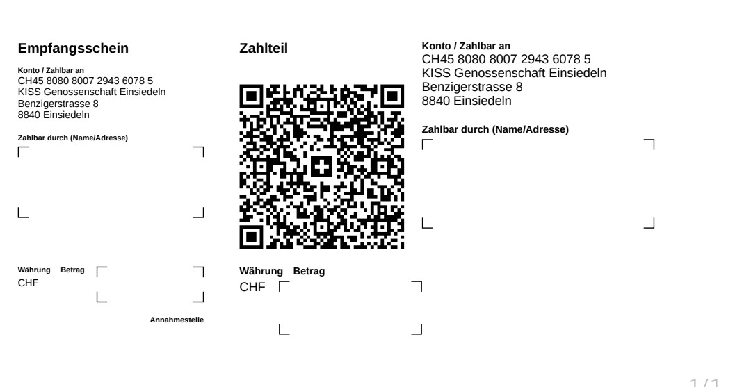 KISS Genossenschaft Einsiedeln, neuer QR-Code Einzahlungsschein
